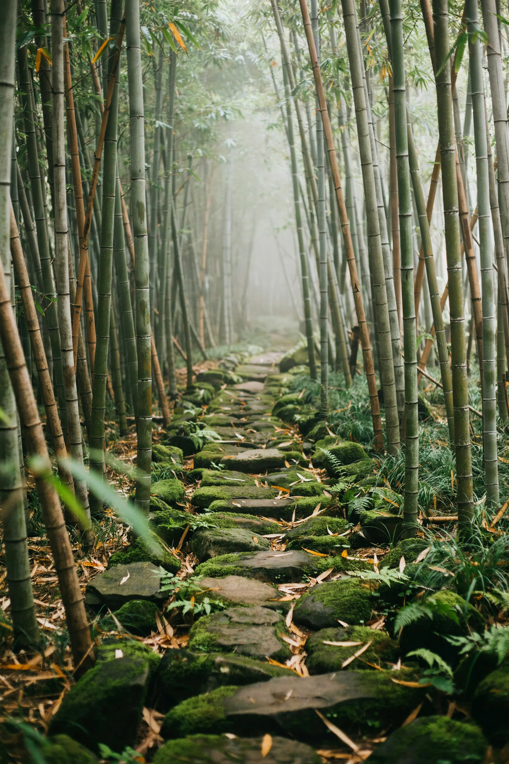 A mossy stone path winding through a misty bamboo forest