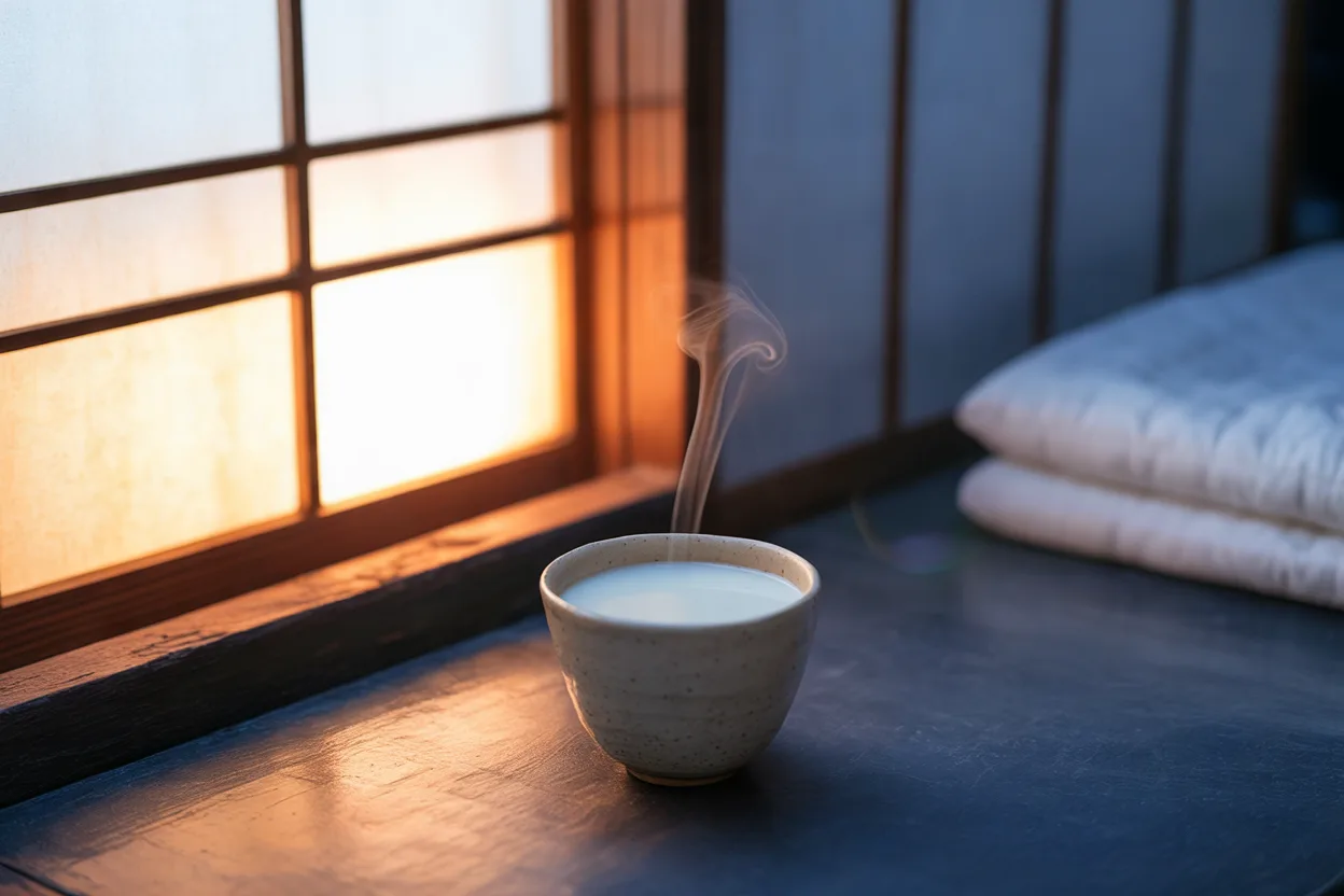 A speckled clay cup of steaming warm milk on a dark low table beside a glowing shoji window, a folded futon resting in the dusk shadow