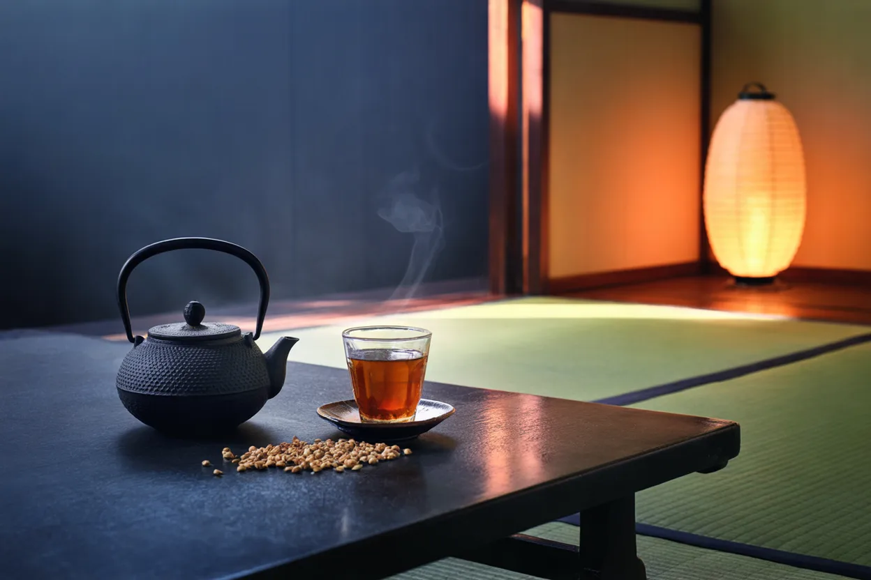 A cast iron tetsubin teapot and a cup of amber roasted barley tea with scattered grains on a low table in a tatami room, a paper lantern glowing in the corner