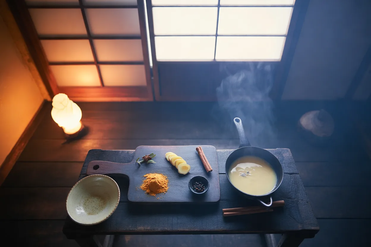 Ground turmeric, sliced fresh ginger, cinnamon and a dish of black peppercorns on a dark wooden board beside an iron pan of steaming milk, one paper lantern glowing in a shoji-lit room at dusk